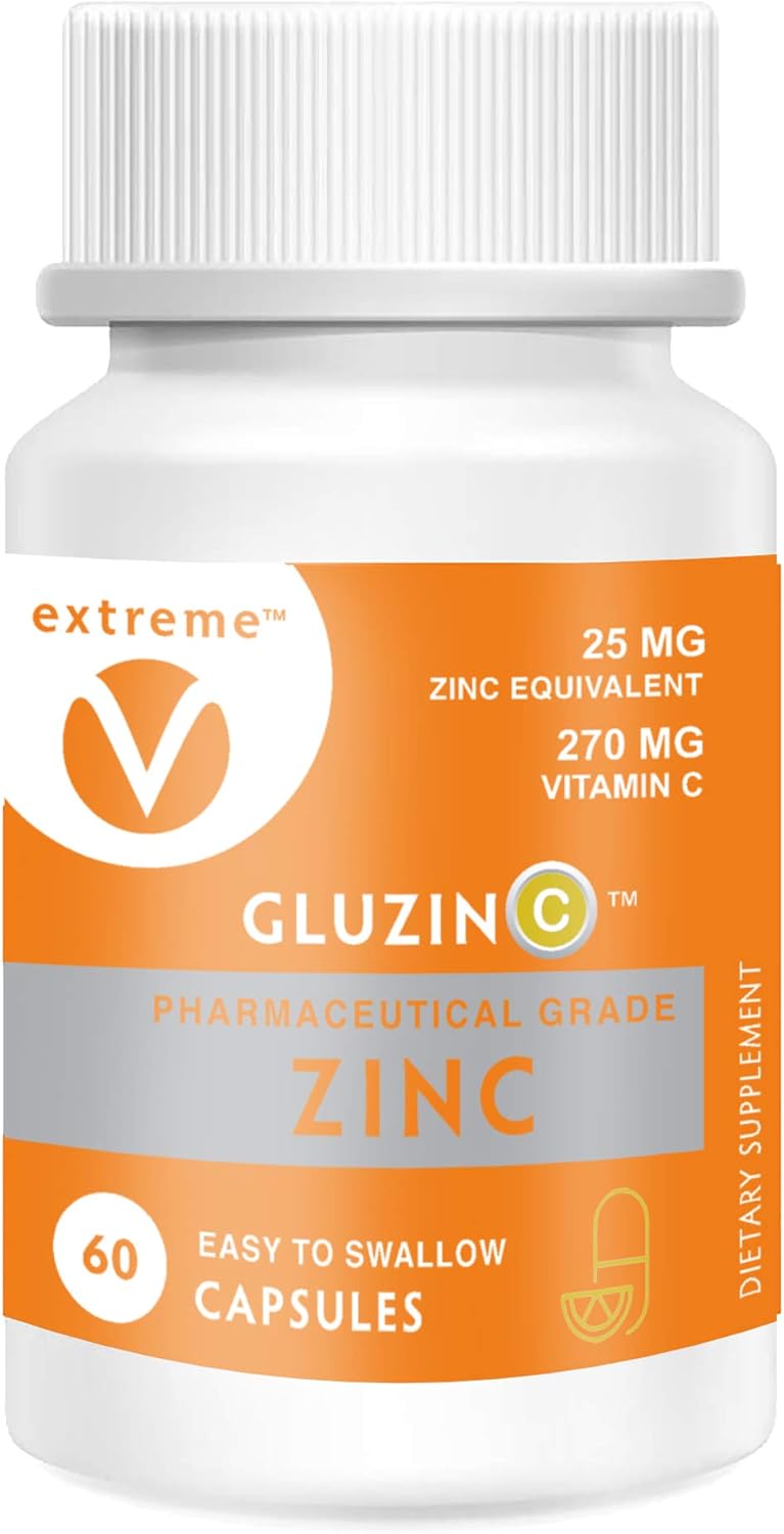 GluzinC Immune Power Combo: 25MG Zinc + 270MG Vitamin C - 60 Vegetarian Capsules