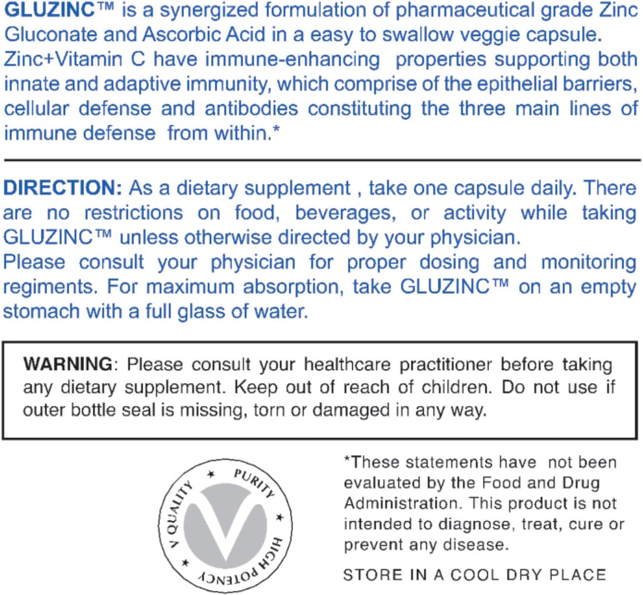 GluzinC Immune Power Combo: 25MG Zinc + 270MG Vitamin C - 60 Vegetarian Capsules