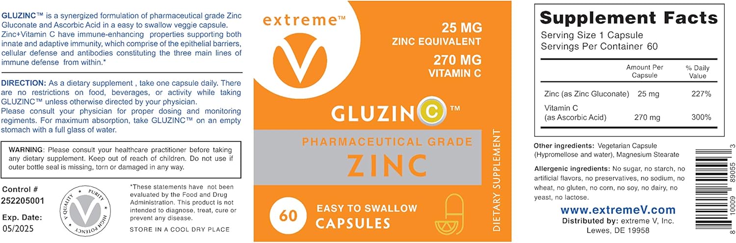 GluzinC Immune Power Combo: 25MG Zinc + 270MG Vitamin C - 60 Vegetarian Capsules