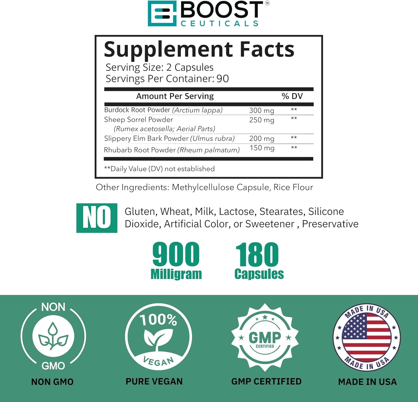 GMO-Free Vegan Essiac Tea Capsules - 180 Count, 900mg Per Serving for Immune Support by BoostCeuticals