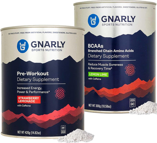 Gnarly Nutrition Preworkout Bundle: Strawberry Lemonade BCAAs & Lemon Lime Energy Boost - 25.4oz