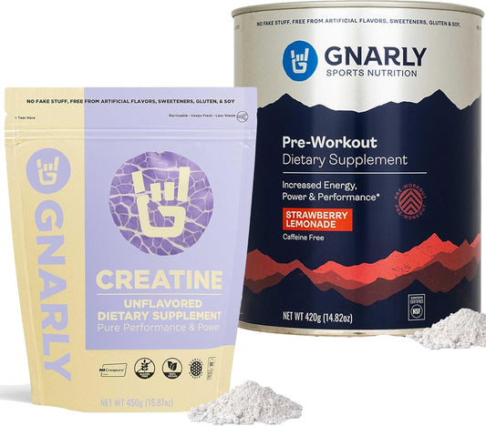 Gnarly Nutrition Unflavored Creatine Powder (16.05oz) & Caffeine-Free Strawberry Lemonade Preworkout (14.82oz)