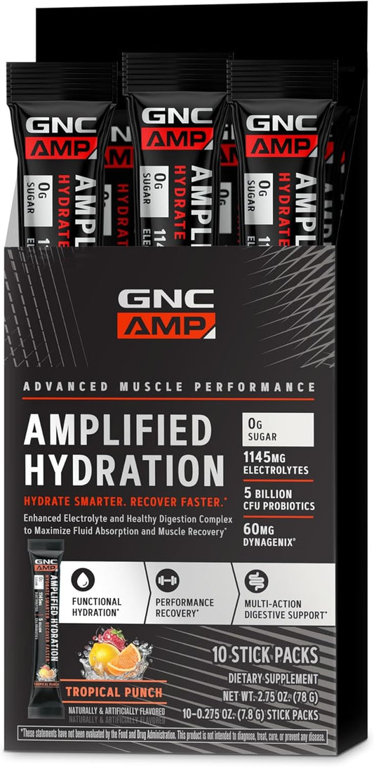 GNC AMP Amplified Hydration Tropical Punch Pack - 10 Count with Electrolytes & Digestion Support