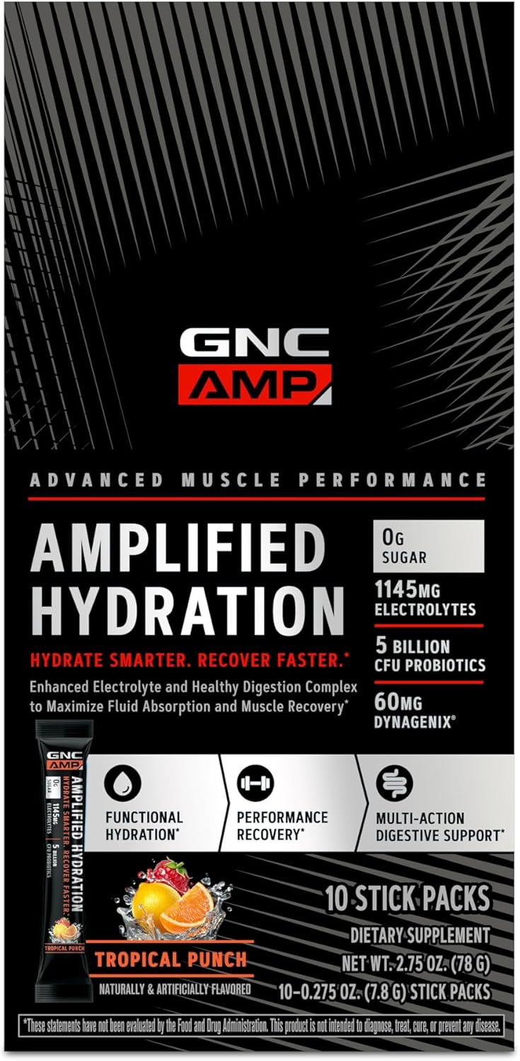 GNC AMP Amplified Hydration Tropical Punch Pack - 10 Count with Electrolytes & Digestion Support