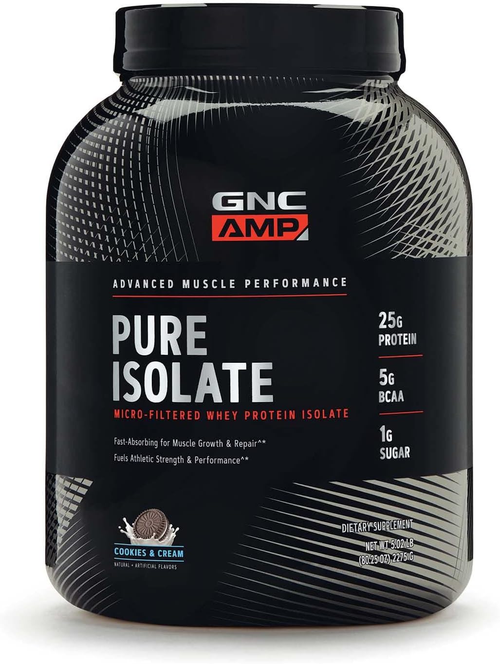 GNC AMP Pure Isolate Protein Powder - Cookies & Cream Flavor | 25g Whey Protein Isolate with 5g BCAA | Boosts Athletic Strength, Performance, and Muscle Growth | 70 Servings
