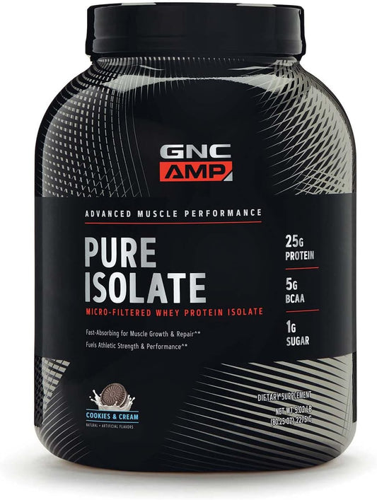 GNC AMP Pure Isolate Protein Powder - Cookies & Cream Flavor | 25g Whey Protein Isolate with 5g BCAA | Boosts Athletic Strength, Performance, and Muscle Growth | 70 Servings