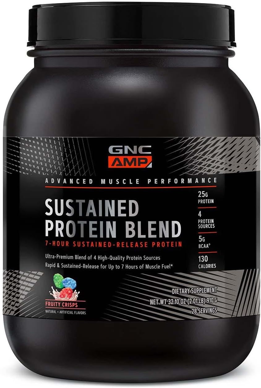 GNC AMP Sustained Protein Blend - Muscle Building Formula with 4 Protein Sources - Gluten Free Fruity Crisps - 28 Servings