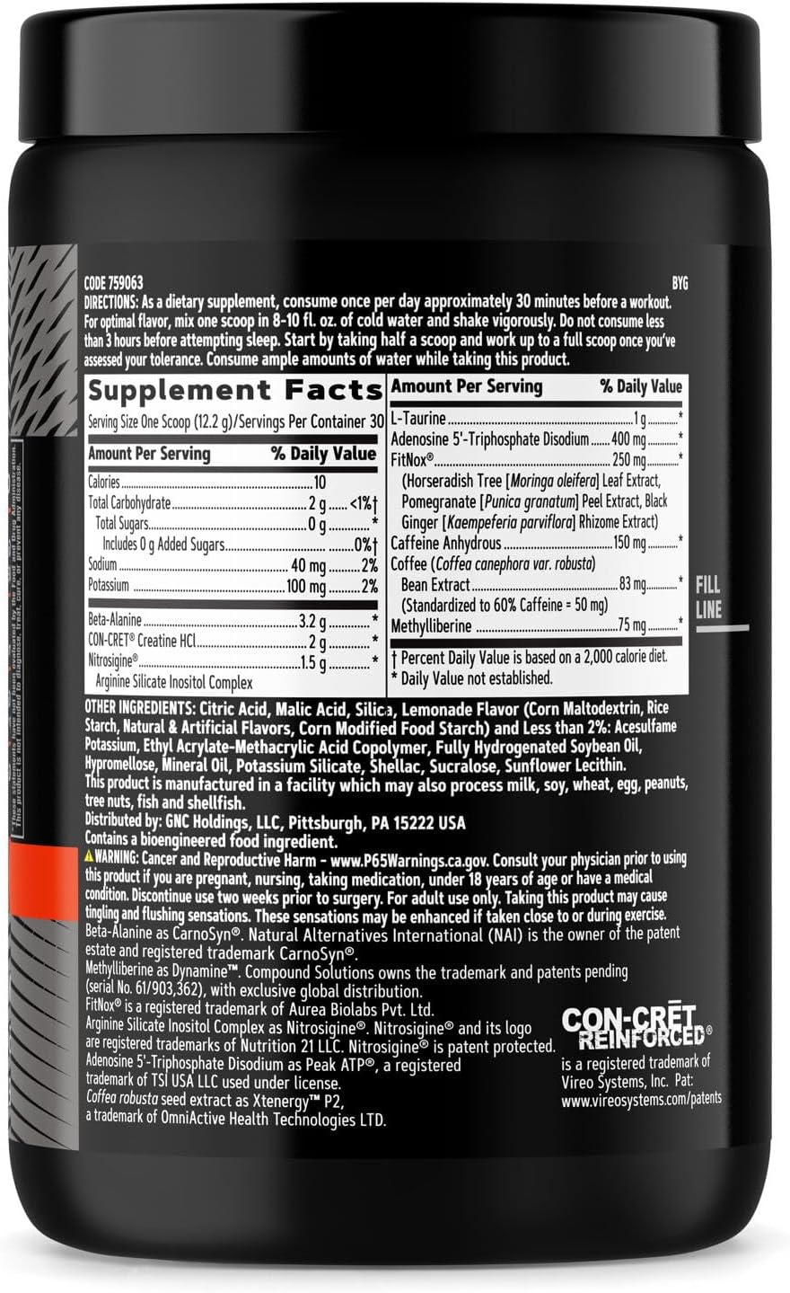 GNC AMP Tri-Phase Pre-Workout Lemonade - Enhances Muscle Performance & Endurance - 30 Servings
