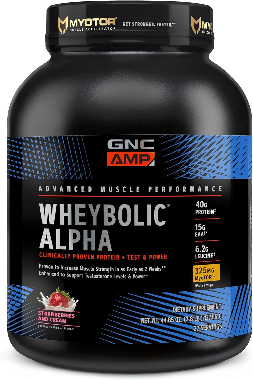 GNC AMP Wheybolic Alpha Protein Powder: Muscle-Building Formula with BCAA, 40g Protein, Strawberries & Cream - 22 Servings