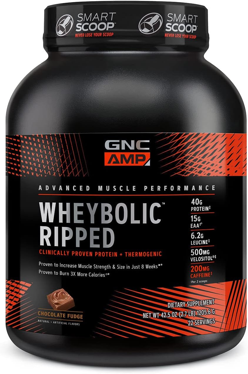 GNC AMP Wheybolic Ripped Chocolate Fudge Whey Protein Isolate Powder - Gluten Free, BCAA for Muscle Building - 22 Servings
