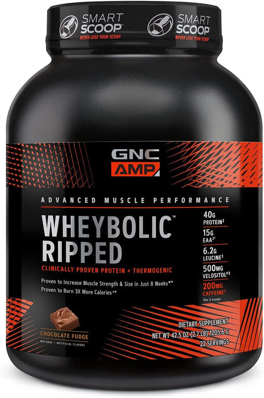 GNC AMP Wheybolic Ripped Chocolate Fudge Whey Protein Isolate Powder - Gluten Free, BCAA for Muscle Building - 22 Servings