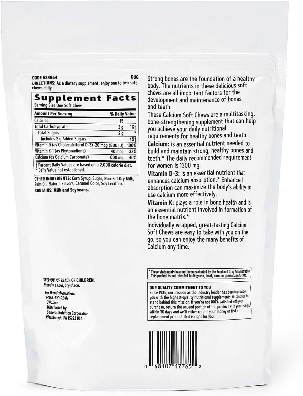 GNC Calcium 600mg Soft Chews - Caramel Flavor - 60 Count - Supports Strong Bones