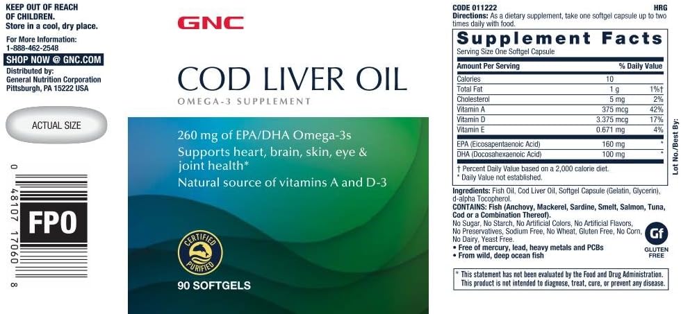 GNC Cod Liver Oil Softgels | Promotes Heart, Brain, Skin, Eye, and Joint Health | 90 Count Bottle