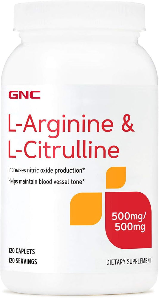 GNC L-Arginine and L-Citrulline 500mg Supplements for Nitric Oxide Production - 120 Servings