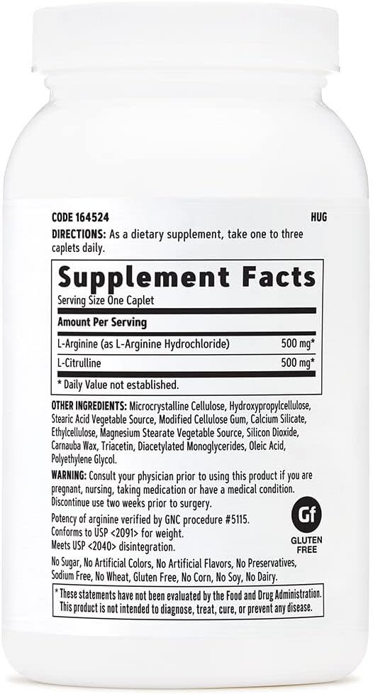 GNC L-Arginine and L-Citrulline 500mg Supplements for Nitric Oxide Production - 120 Servings