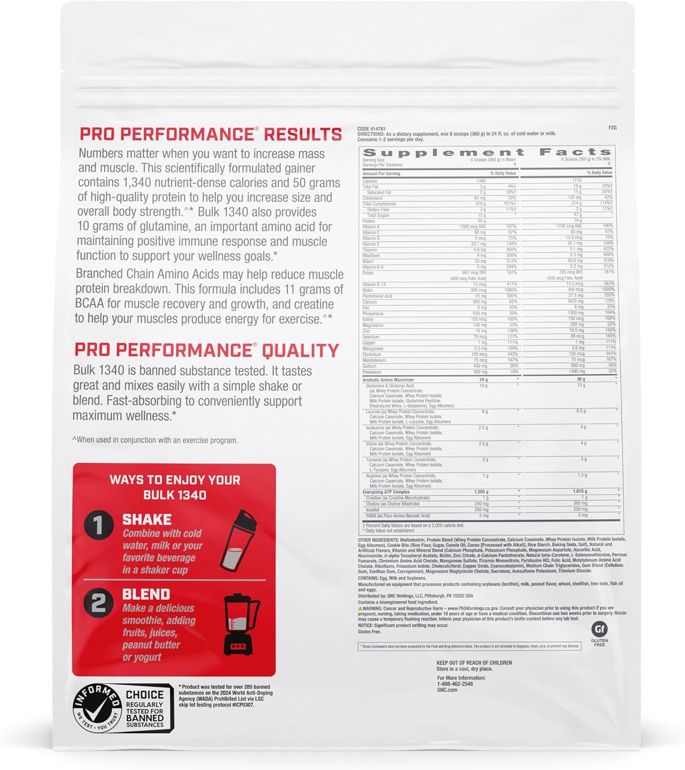 GNC Pro Performance Bulk 1340 Mass Gainer Protein Powder - Cookies and Cream Flavor | 50g Protein, 1340 Calories, Gluten-Free | Banned Substance Tested for Muscle Energy and Growth