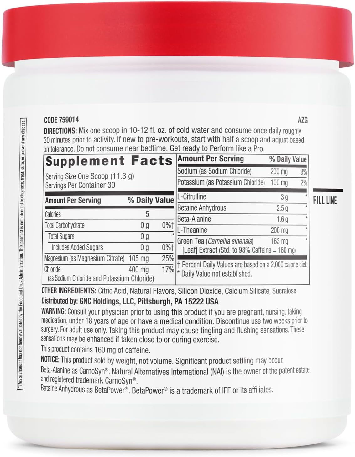 GNC Pro Performance Pre-Workout Tropical Fruit Punch 30 Servings - Energy Boost for Workouts