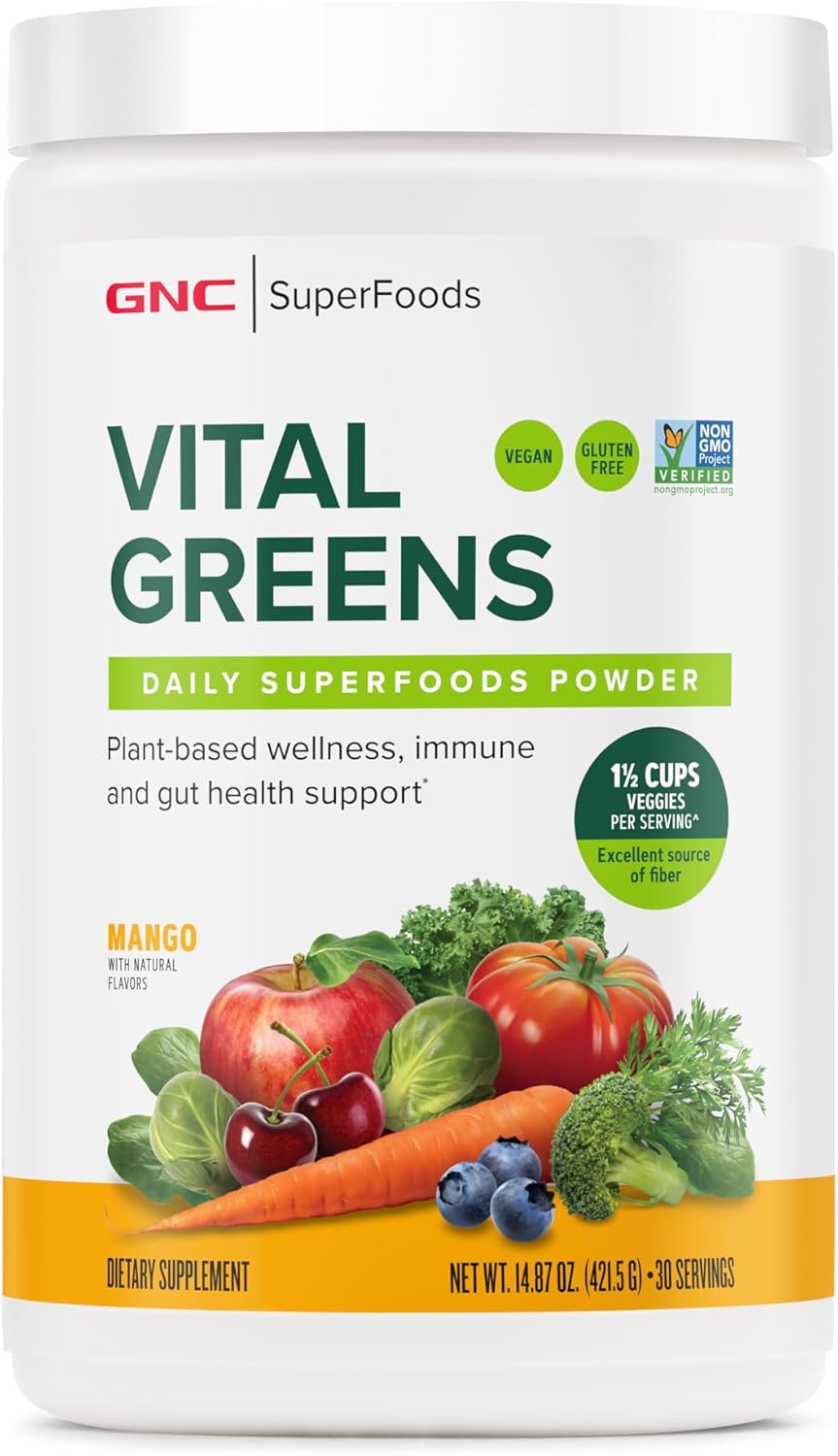 GNC Superfoods Vital Greens Powder with Probiotics and Fiber for Gut Health | Gluten-Free Vegan Plant-Based Formula | Mango Flavor | 30 Servings