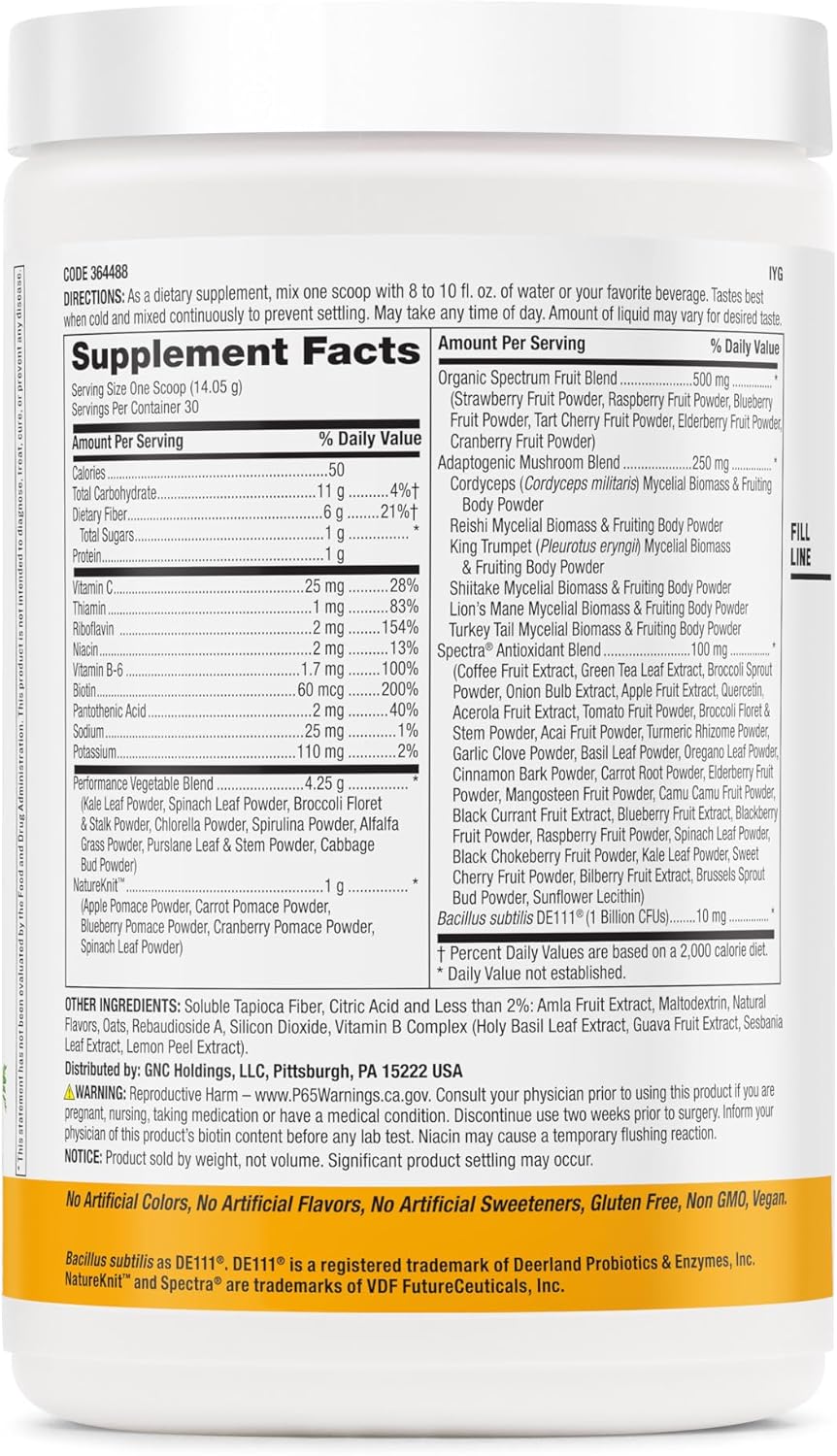GNC Superfoods Vital Greens Powder with Probiotics and Fiber for Gut Health | Gluten-Free Vegan Plant-Based Formula | Mango Flavor | 30 Servings
