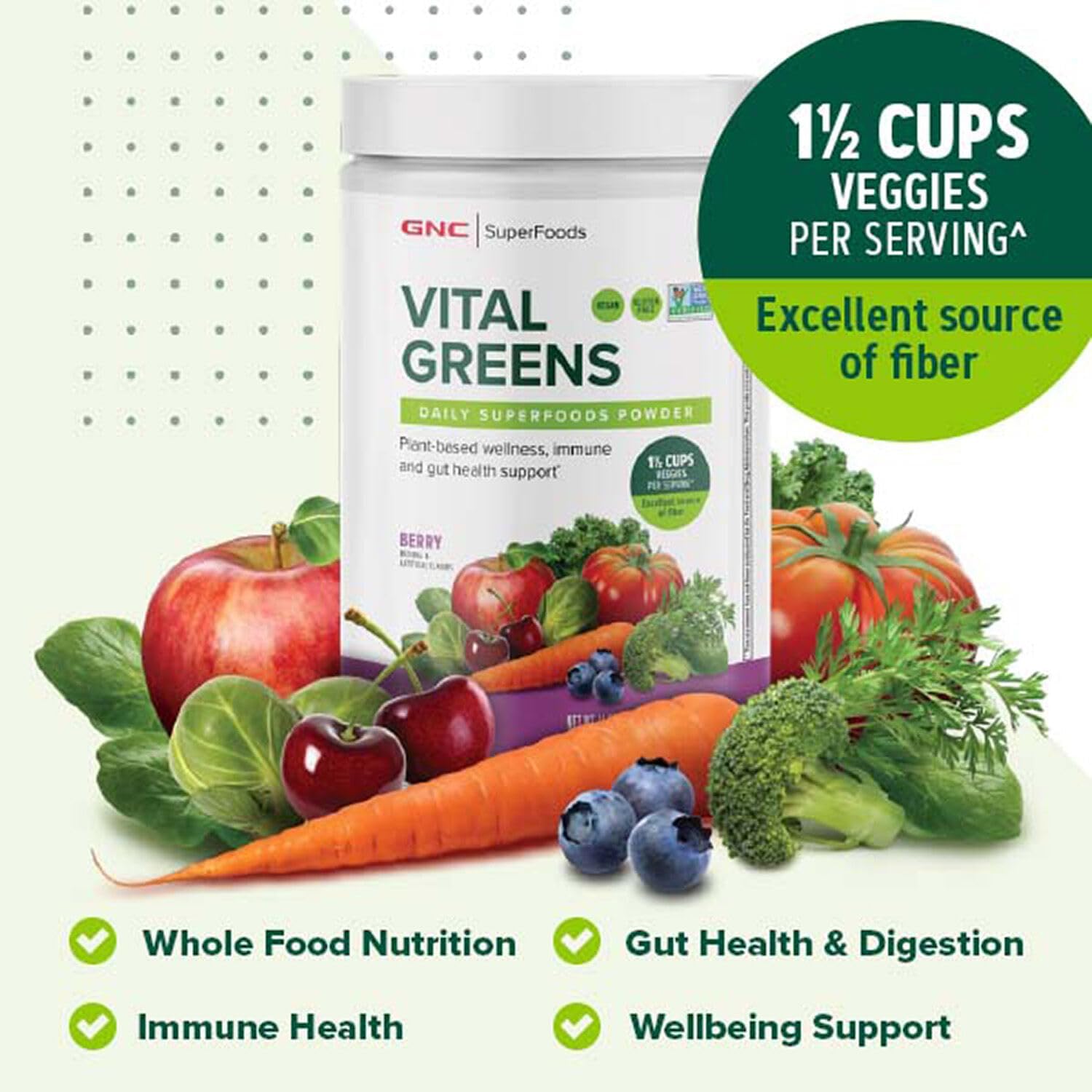 GNC Superfoods Vital Greens Powder with Probiotics and Fiber for Gut Health | Gluten-Free Vegan Plant-Based Formula | Mango Flavor | 30 Servings