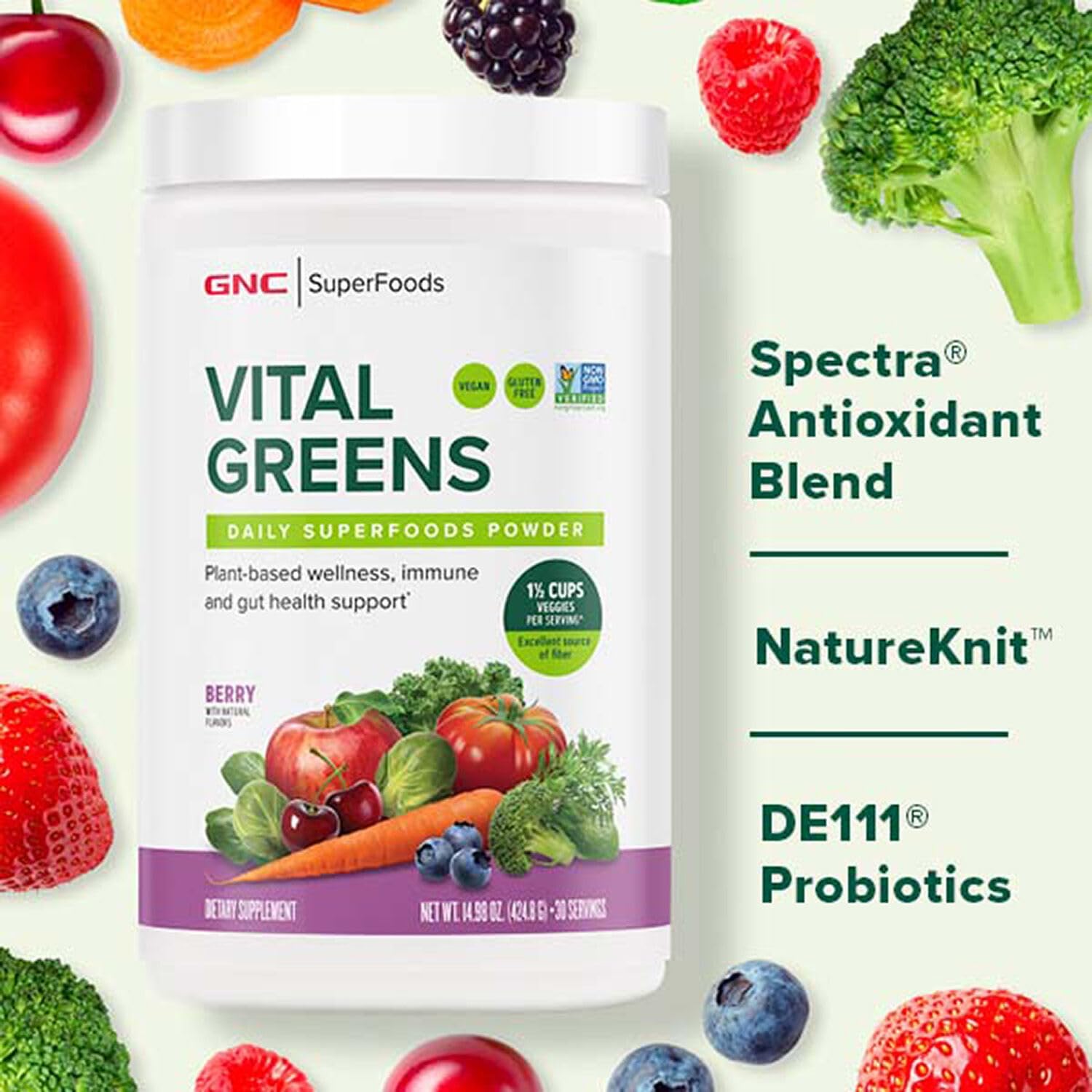 GNC Superfoods Vital Greens Powder with Probiotics and Fiber for Gut Health | Gluten-Free Vegan Plant-Based Formula | Mango Flavor | 30 Servings