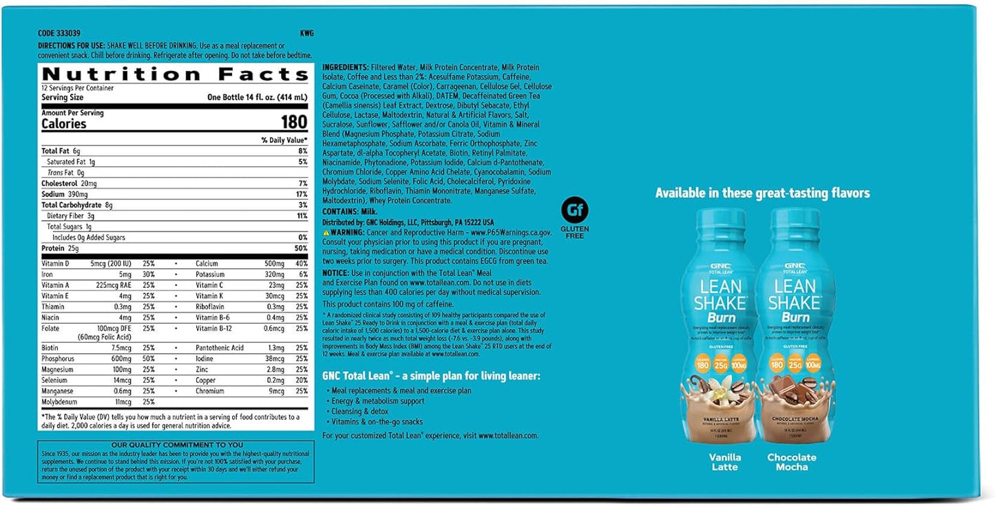 GNC Total Lean Shake Burn in Chocolate Mocha - Weight Loss Protein Powder