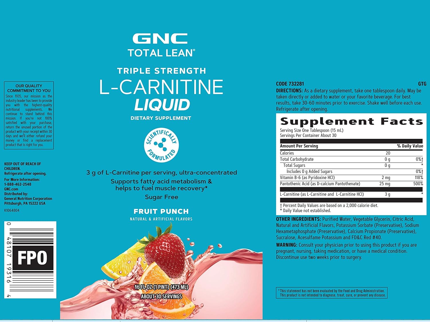 GNC Total Lean Triple Strength L-Carnitine Liquid - Fruit Punch Flavor, 16 fl.oz - Supports Fatty Acid Metabolism and Muscle Recovery