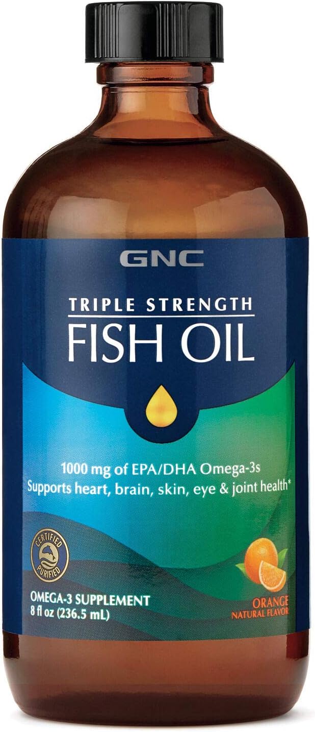 GNC Triple Strength Fish Oil | Orange Flavor | 1000mg EPA/DHA Omega-3s | Supports Heart, Brain, Skin, Eye, Joint Health | 8 fl.oz
