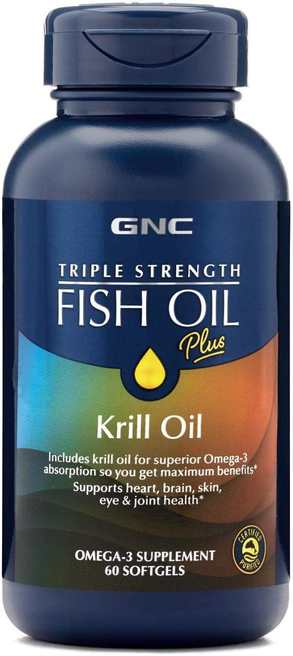 GNC Triple Strength Fish Oil with Krill Oil Softgels - Supports Heart, Brain, Skin, Eye, and Joint Health - 60 Count