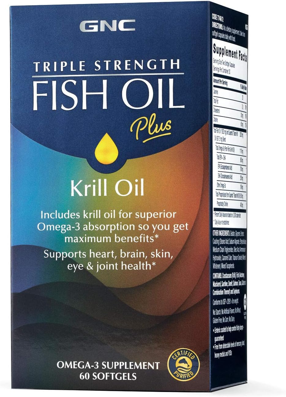GNC Triple Strength Fish Oil with Krill Oil Softgels - Supports Heart, Brain, Skin, Eye, and Joint Health - 60 Count