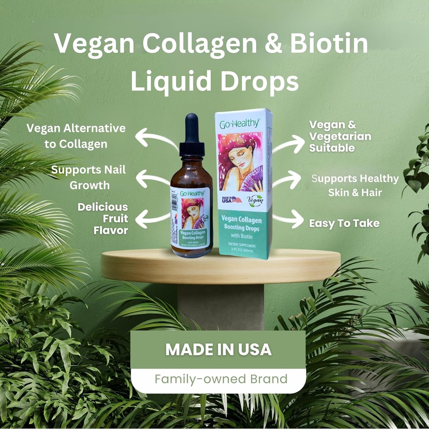 Go Healthy Natural Vegan Collagen & Biotin Liquid Drops - Hair, Nail, & Skin Support - Metabolism Boost - Non-GMO, Sugar Free - 60-Day Supply for Women & Men