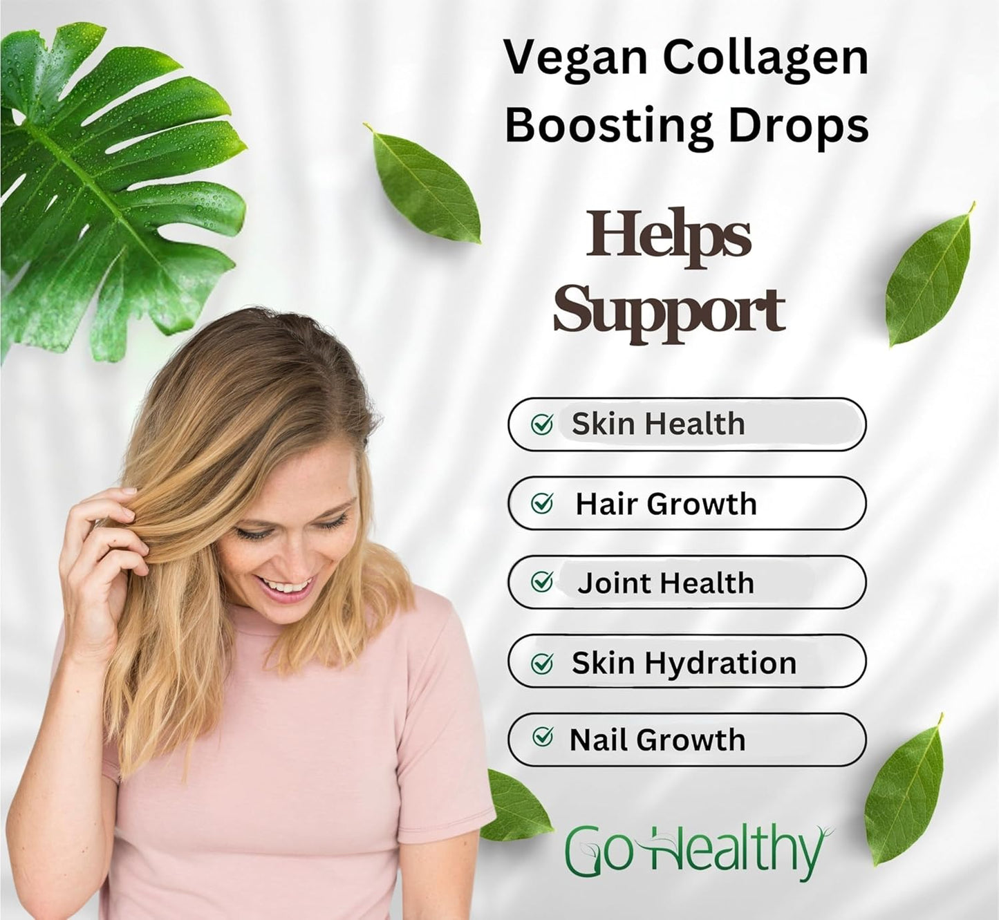 Go Healthy Natural Vegan Collagen & Biotin Liquid Drops - Hair, Nail, & Skin Support - Metabolism Boost - Non-GMO, Sugar Free - 60-Day Supply for Women & Men