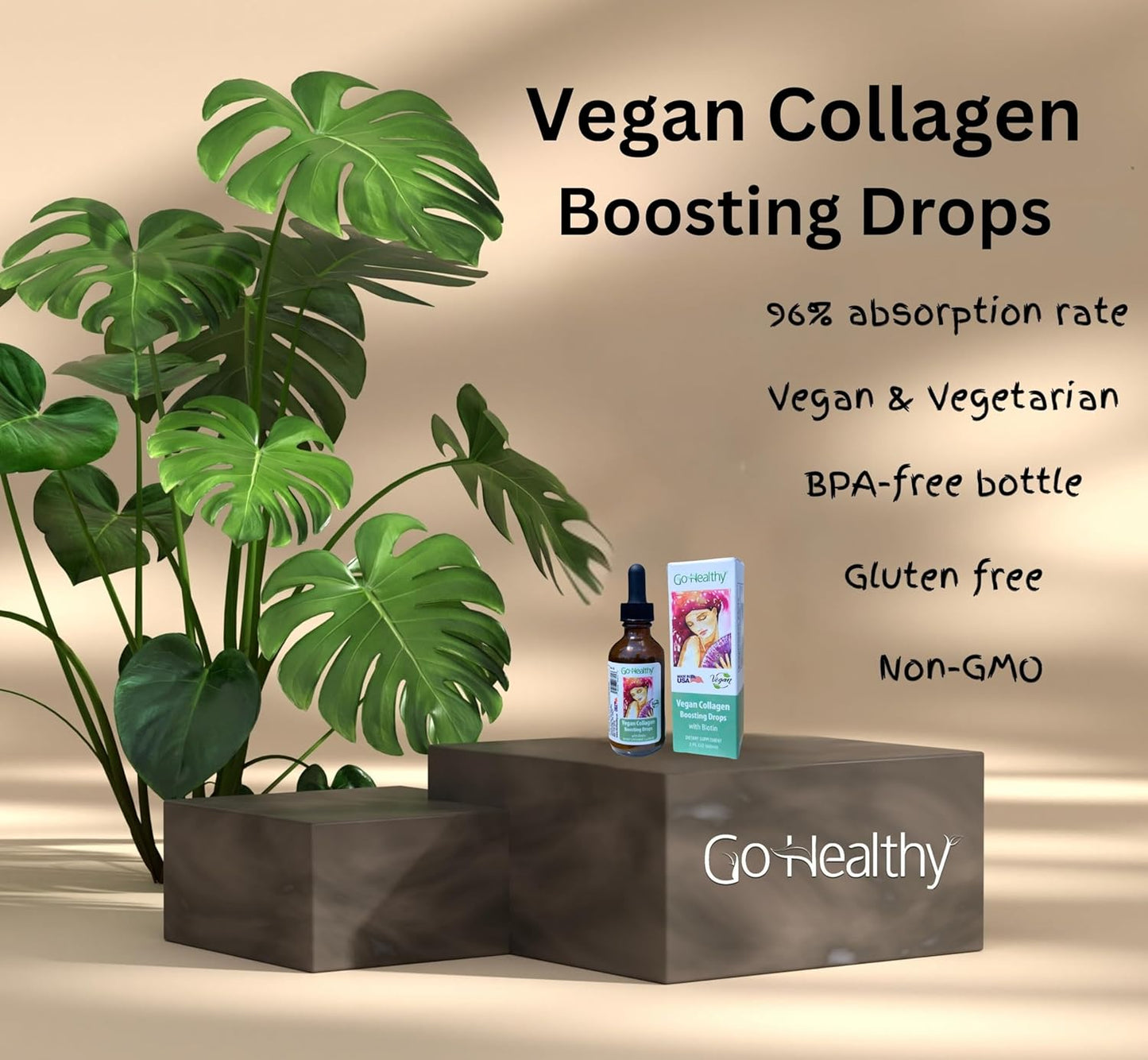 Go Healthy Natural Vegan Collagen & Biotin Liquid Drops - Hair, Nail, & Skin Support - Metabolism Boost - Non-GMO, Sugar Free - 60-Day Supply for Women & Men