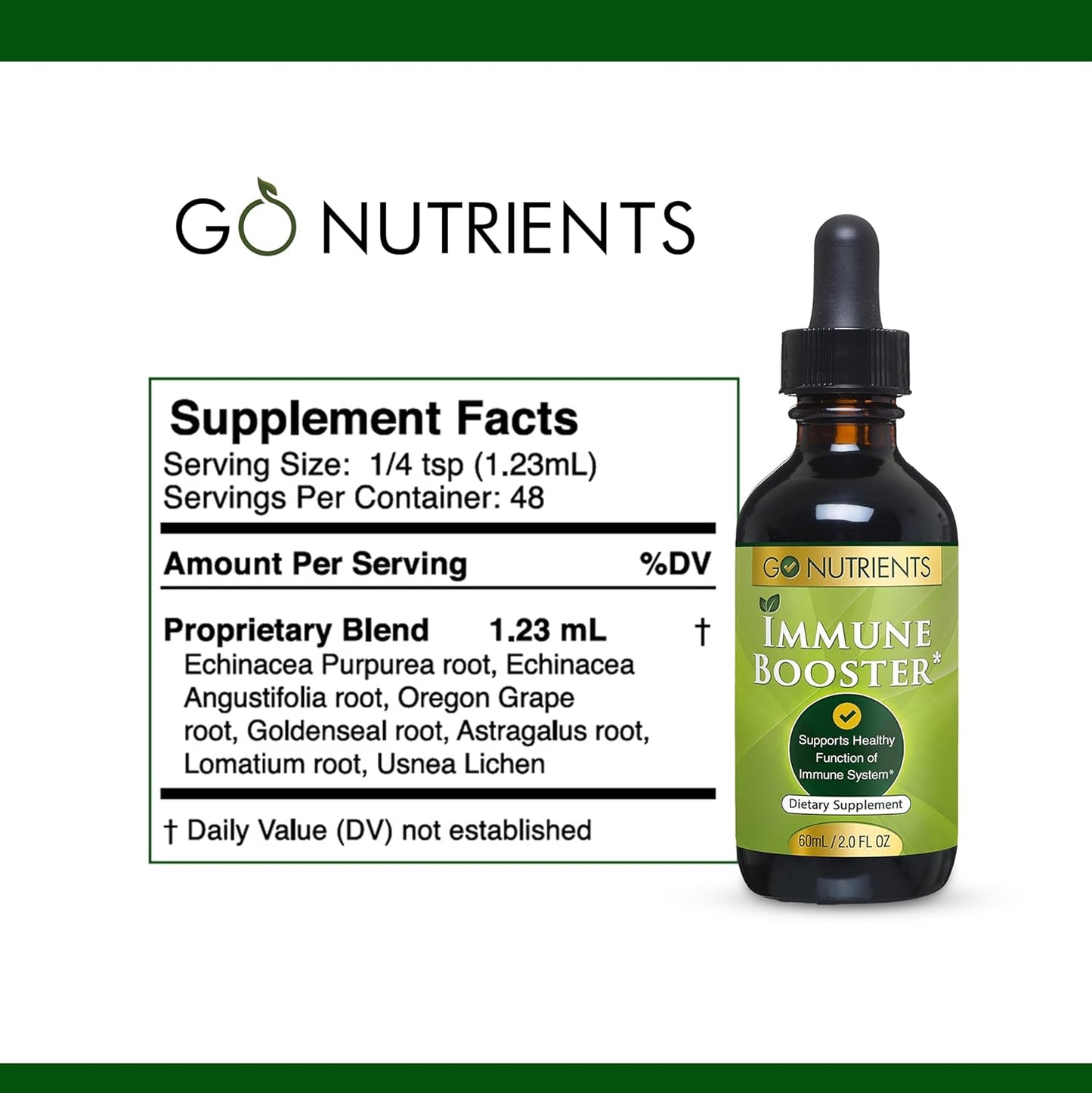 Go Nutrients 7-in-1 Immunity Supplement for Adults and Kids - Fast-Acting Immune Support with Echinacea, Goldenseal - 2.0 oz, 48 Servings