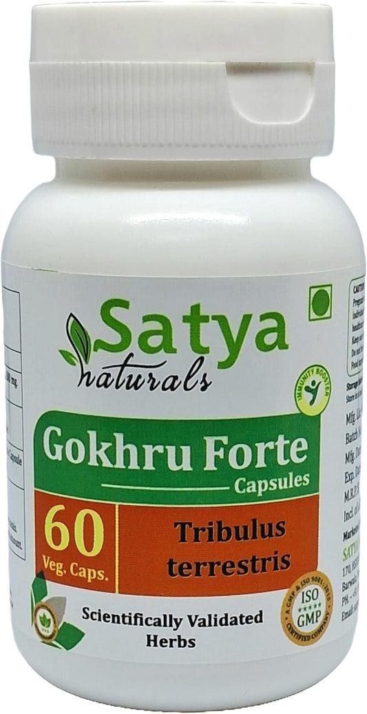 Gokhru Forte Capsules 500mg - Ayurvedic Herbal Supplement for Men and Women - Satya Naturals - 60 Veg Capsules - Tribulus Terrestris Extract - 1 Bottle