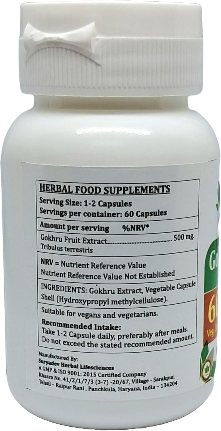 Gokhru Forte Capsules 500mg - Ayurvedic Herbal Supplement for Men and Women - Satya Naturals - 60 Veg Capsules - Tribulus Terrestris Extract - 1 Bottle