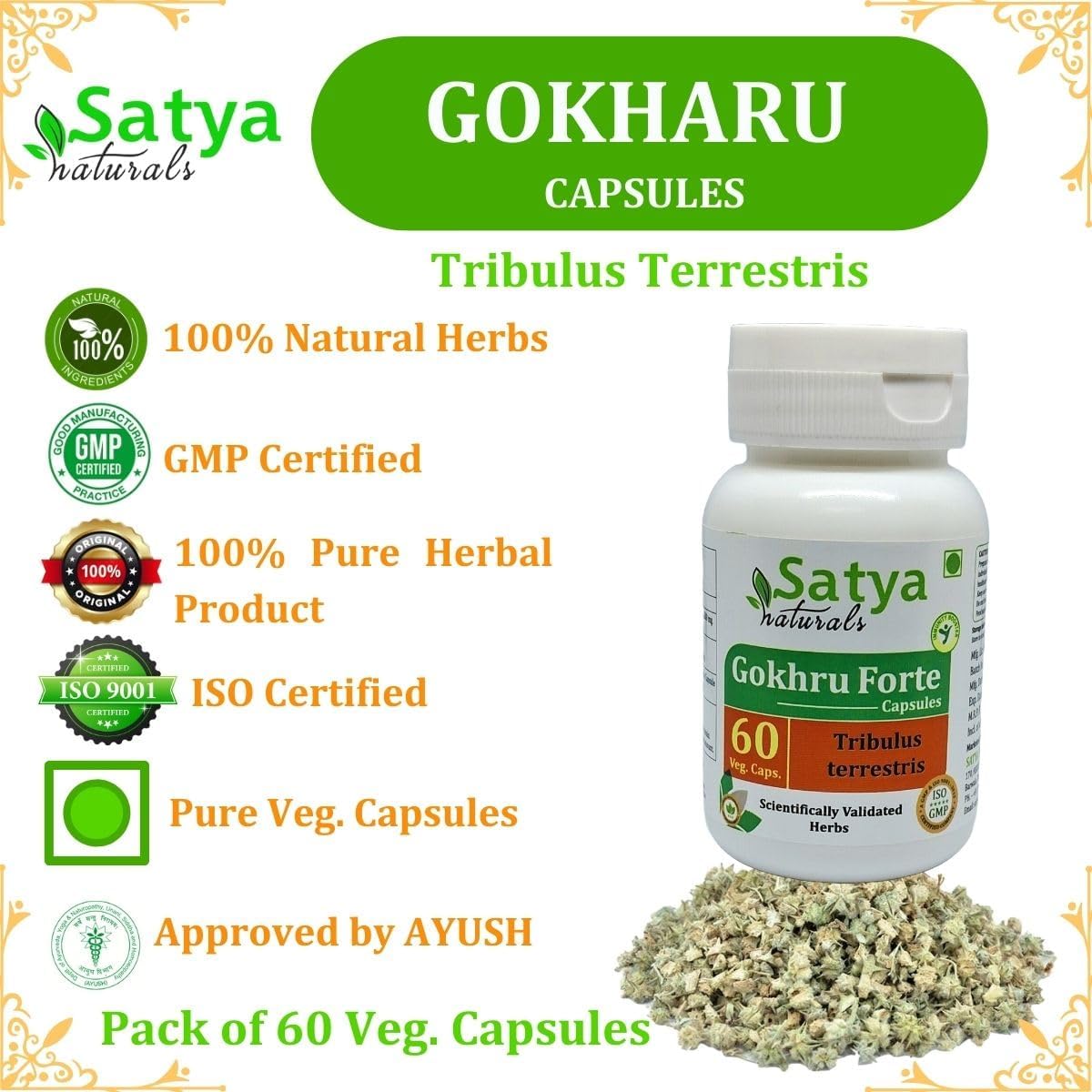 Gokhru Forte Capsules 500mg - Ayurvedic Herbal Supplement for Men and Women - Satya Naturals - 60 Veg Capsules - Tribulus Terrestris Extract - 1 Bottle