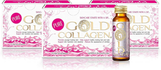 Gold Collagen Pure: Collagen Supplements for Hair Growth, Skin, and Nails - Immune System Booster with Biotin, Hyaluronic Acid, Vitamin C, B6, and Zinc - 3 Pack 10x50 ml for Men and Women