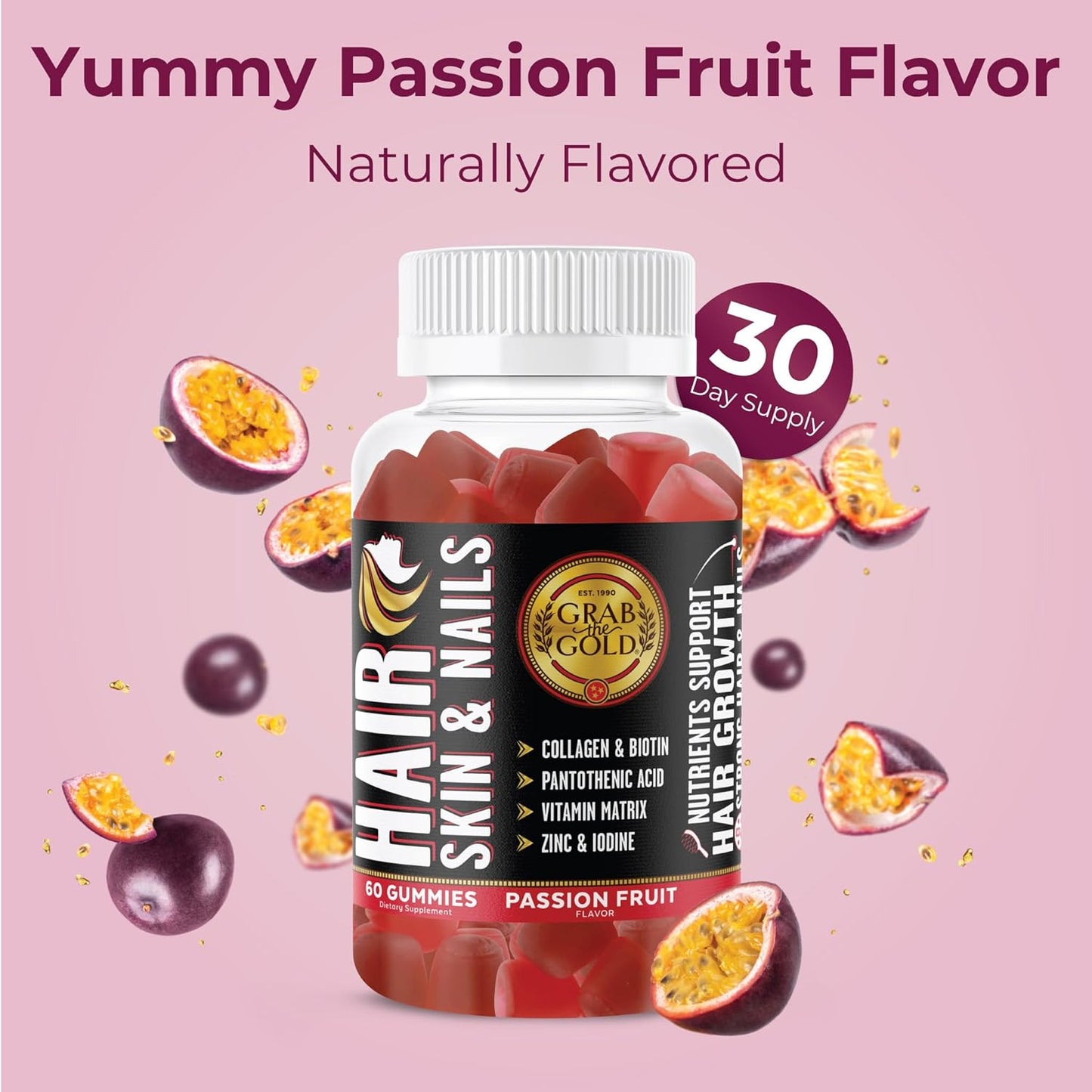Gold Hair Skin & Nails Gummies: Biotin, Collagen, 10 Vitamins & Minerals, Passion Fruit, 1 Month Supply