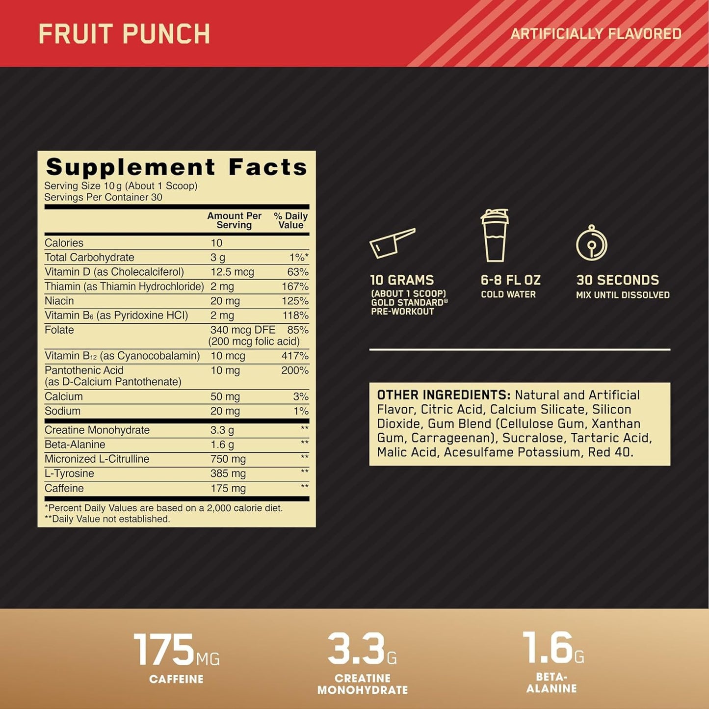 Gold Standard Pre-Workout with Creatine, Beta-Alanine, and Caffeine - Fruit Punch Flavor, 30 Servings for Energy Boost