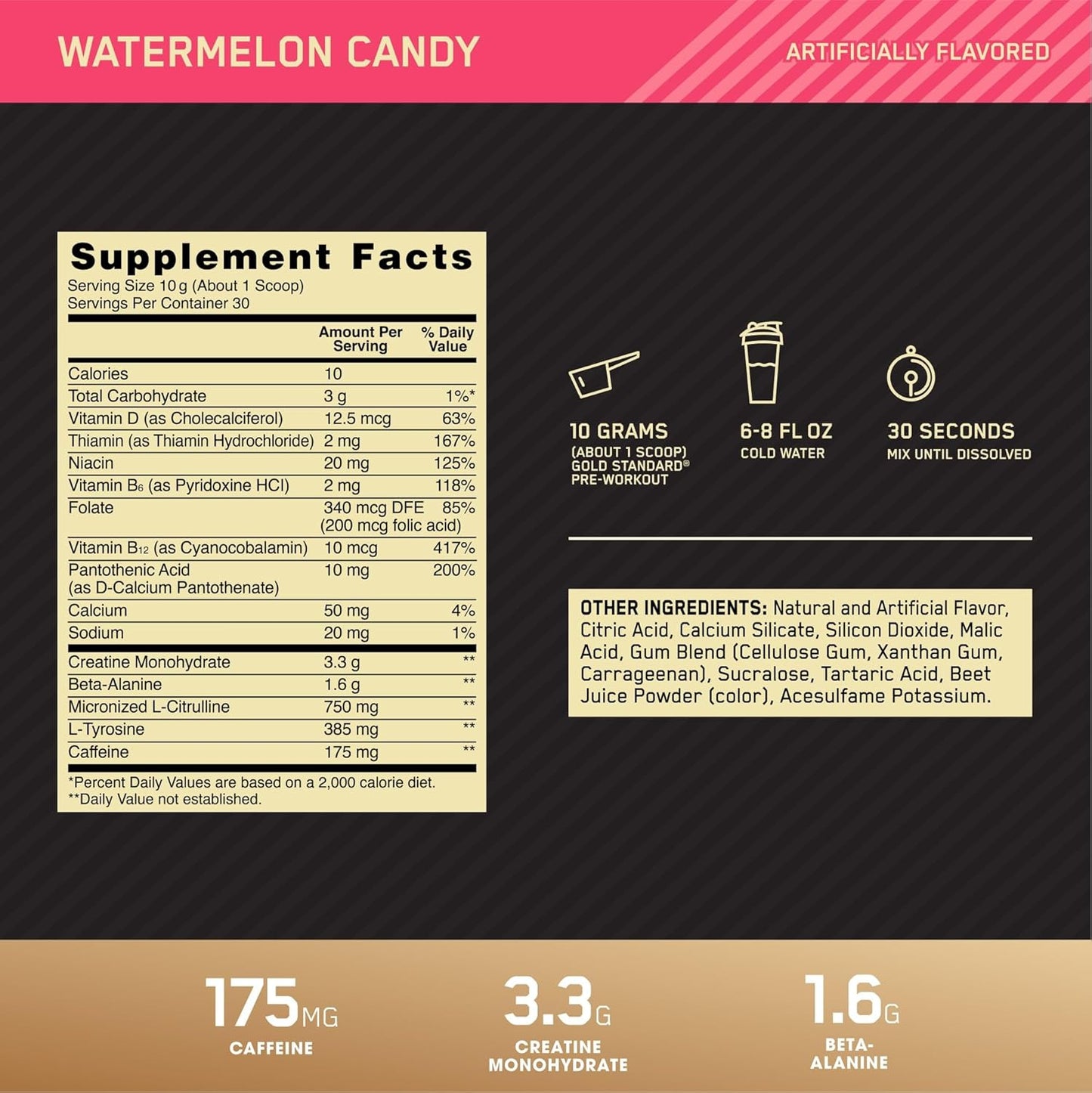 Gold Standard Pre-Workout with Vitamin D, Creatine, Beta-Alanine & Caffeine for Energy - Keto Friendly Watermelon Candy Flavor - 30 Servings