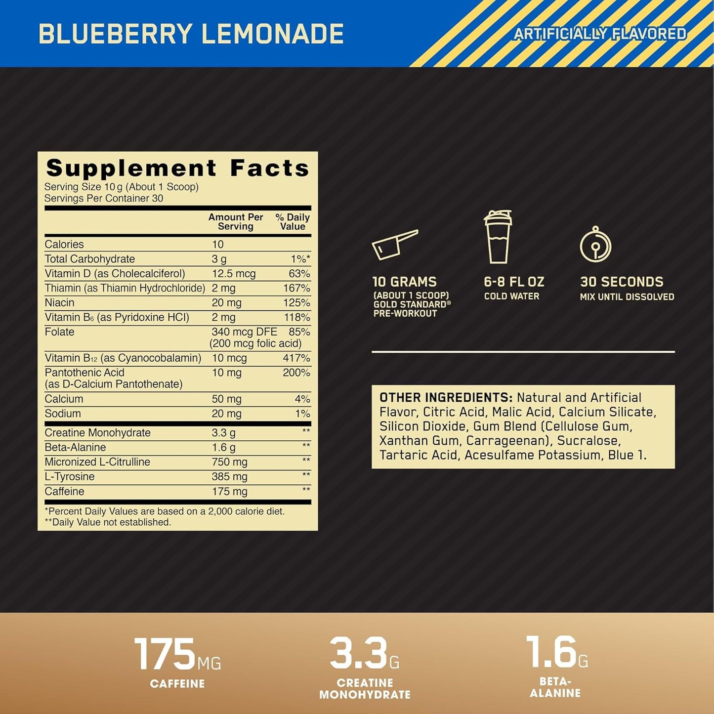 Gold Standard Pre-Workout with Vitamin D, Creatine, Beta-Alanine, and Caffeine for Energy - Blueberry Lemonade, 30 Servings