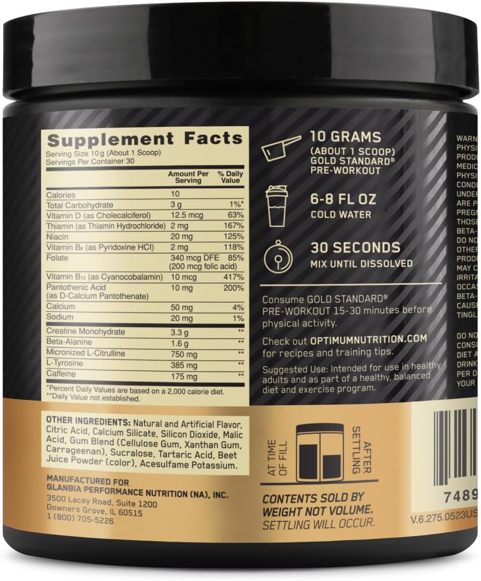 Gold Standard Pre-Workout with Vitamin D, Creatine, Beta-Alanine & Caffeine for Energy - Keto Friendly Watermelon Candy Flavor - 30 Servings