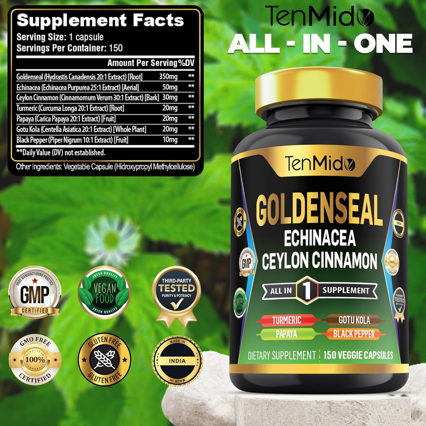 Goldenseal Root Supplement with 7in1 Formula for Digestive Health Support - 150 Capsules