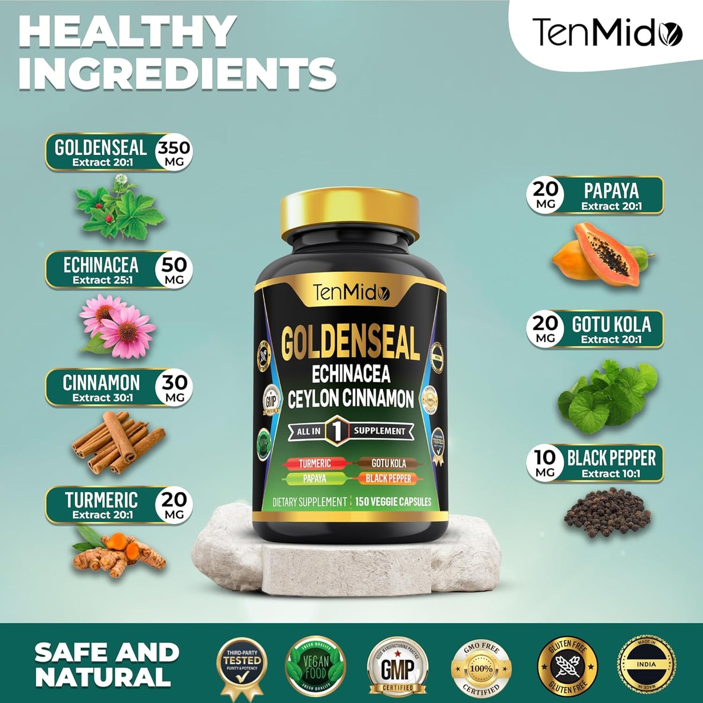 Goldenseal Root Supplement with 7in1 Formula for Digestive Health Support - 150 Capsules
