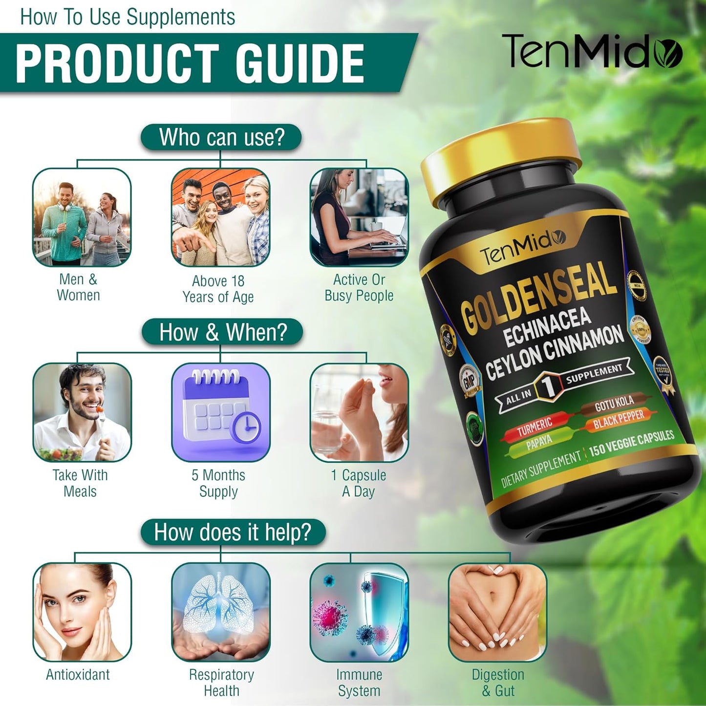 Goldenseal Root Supplement with 7in1 Formula for Digestive Health Support - 150 Capsules