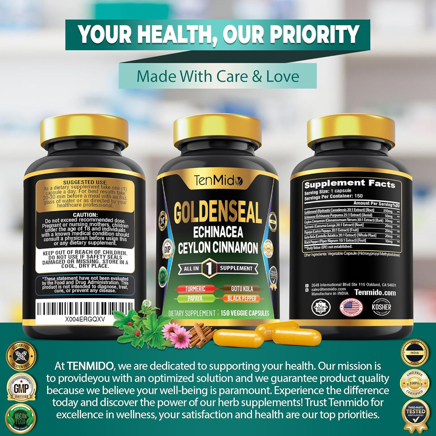 Goldenseal Root Supplement with 7in1 Formula for Digestive Health Support - 150 Capsules