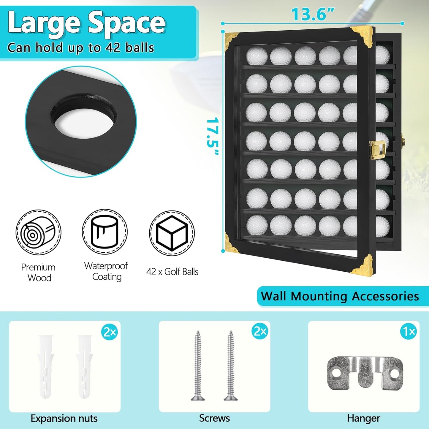 Golf Ball Display Case with 42 Ball Holder - Wall Mount or Stand Cabinet for Golf Enthusiasts