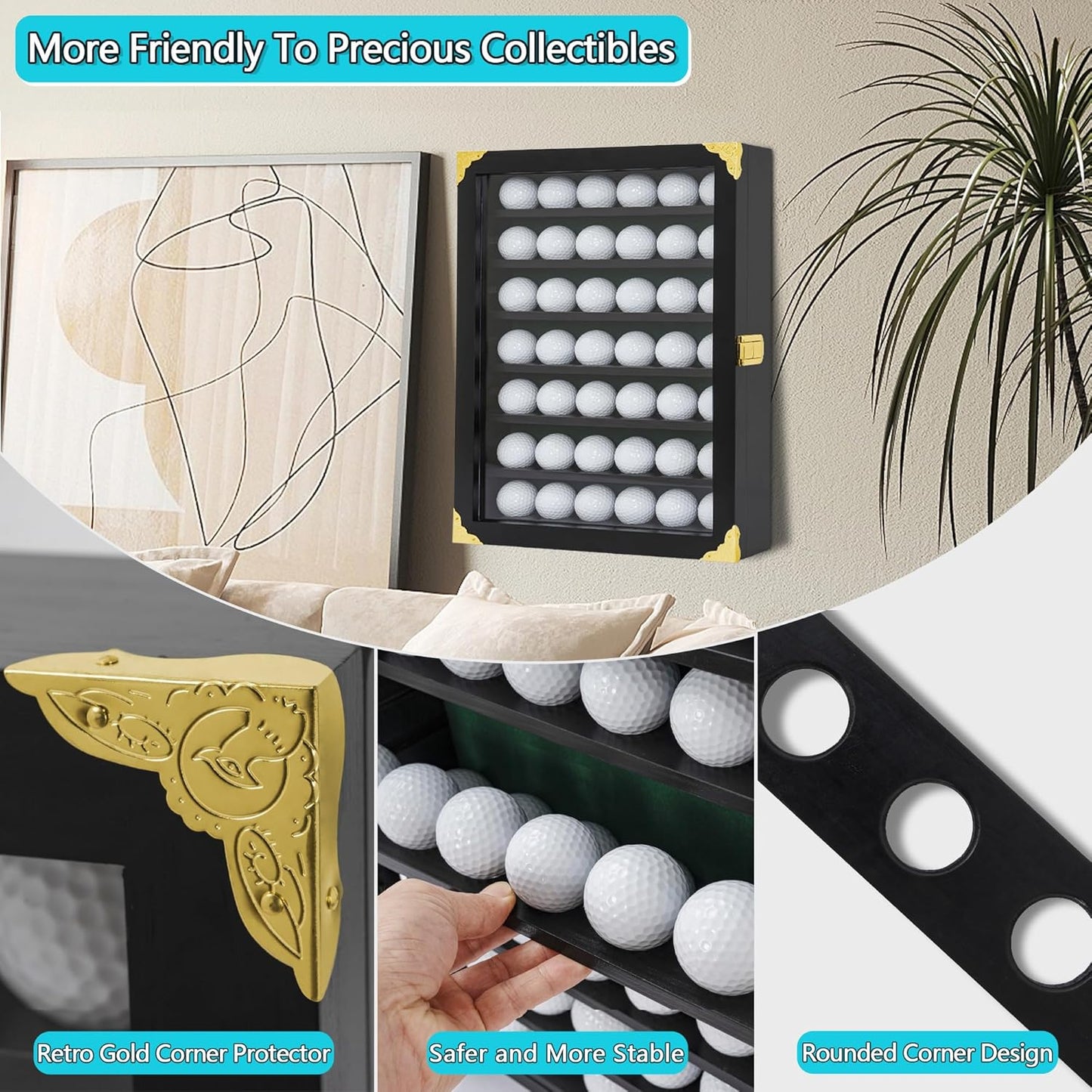Golf Ball Display Case with 42 Ball Holder - Wall Mount or Stand Cabinet for Golf Enthusiasts