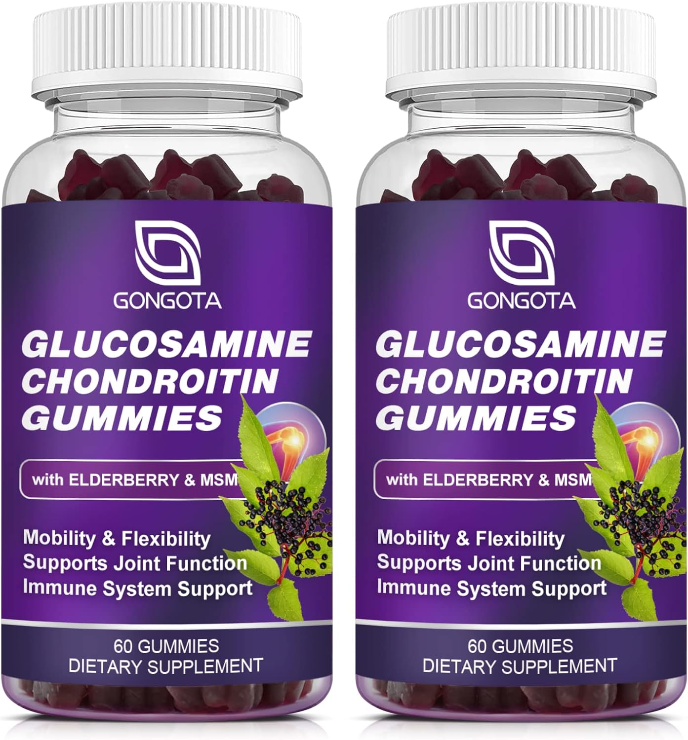 GONGOTA Glucosamine Chondroitin Gummies - 2-Pack, Extra Strength Joint Support Supplement with MSM, Elderberry, Best Cartilage & Immune Support for Men and Women - 120 Count